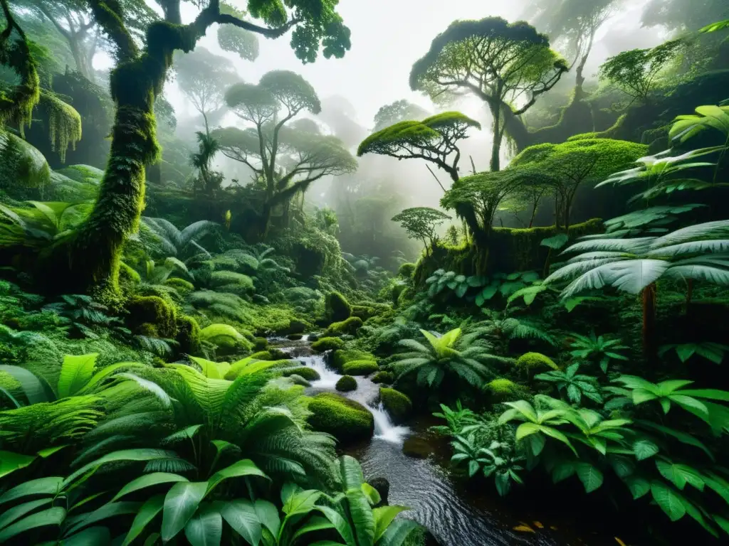 Una selva exuberante con árboles imponentes, musgo y hojas en el suelo, y una atmósfera etérea