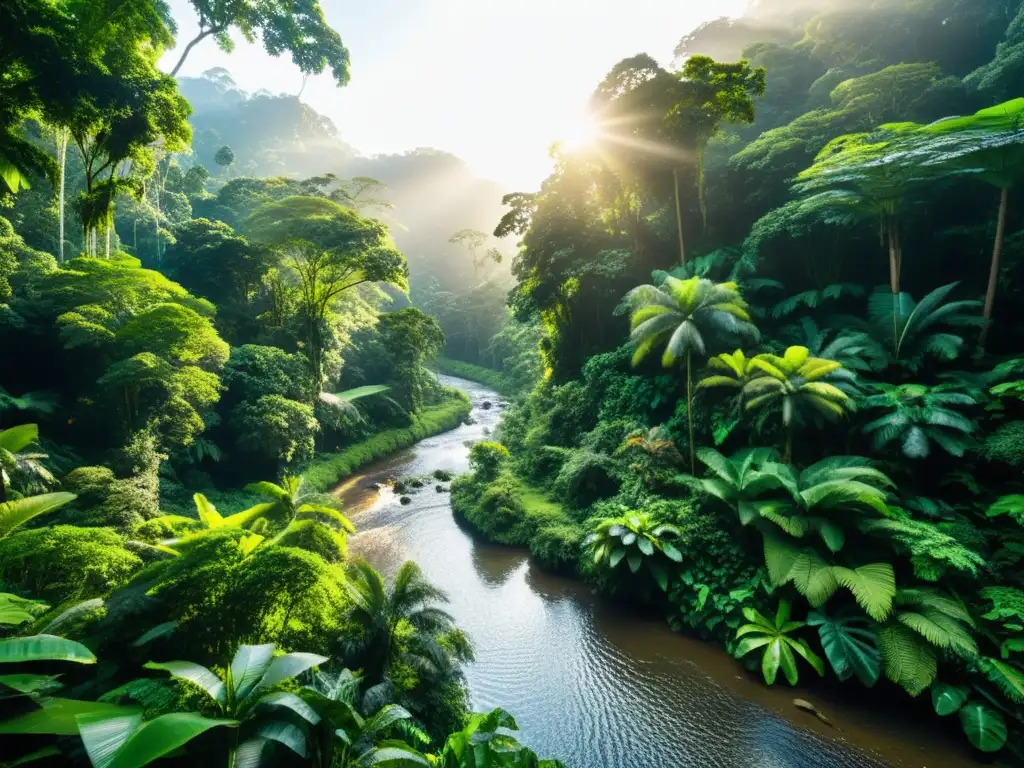 Selva exuberante con diversa vida silvestre y un arroyo sereno