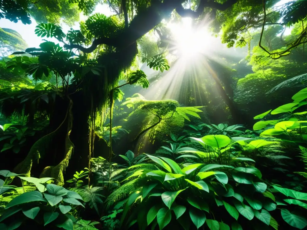 Una selva exuberante donde las plantas compiten por la luz del sol, creando un tapiz vibrante de colores y texturas