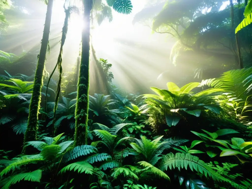 Selva tropical exuberante, con árboles altos entrelazados por lianas y epífitas