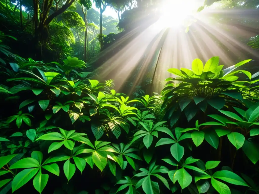 Selva tropical exuberante con luz solar filtrada, hojas verdes vibrantes y troncos de árboles