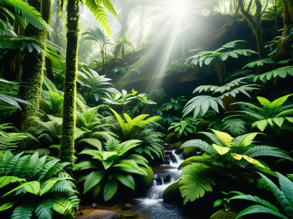 Senderismo en bosques nublados: Una exuberante selva con árboles cubiertos de musgo y epífitas, creando un dosel denso y verde