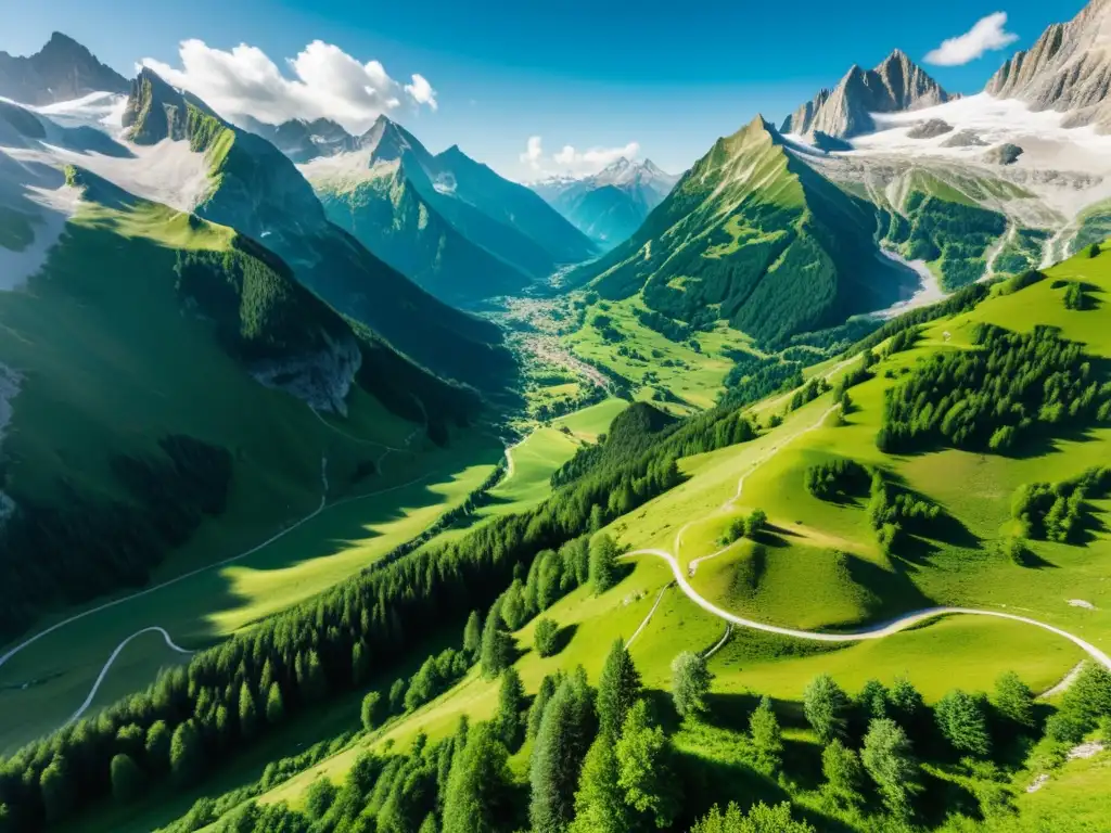 Sendero alpino: majestuosidad natural y respeto ambiental Senderismo en los Alpes respetuoso: majestuosos picos nevados y un sendero serpenteante entre exuberante vegetación, con excursionistas respetuosos