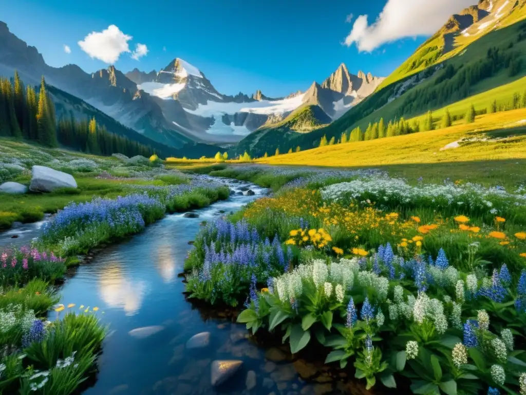 Prado alpino: belleza natural en estado puro Senderismo en los Alpes respetuoso: Prado alpino con flores silvestres, arroyo cristalino y picos nevados, irradiando paz y majestuosidad