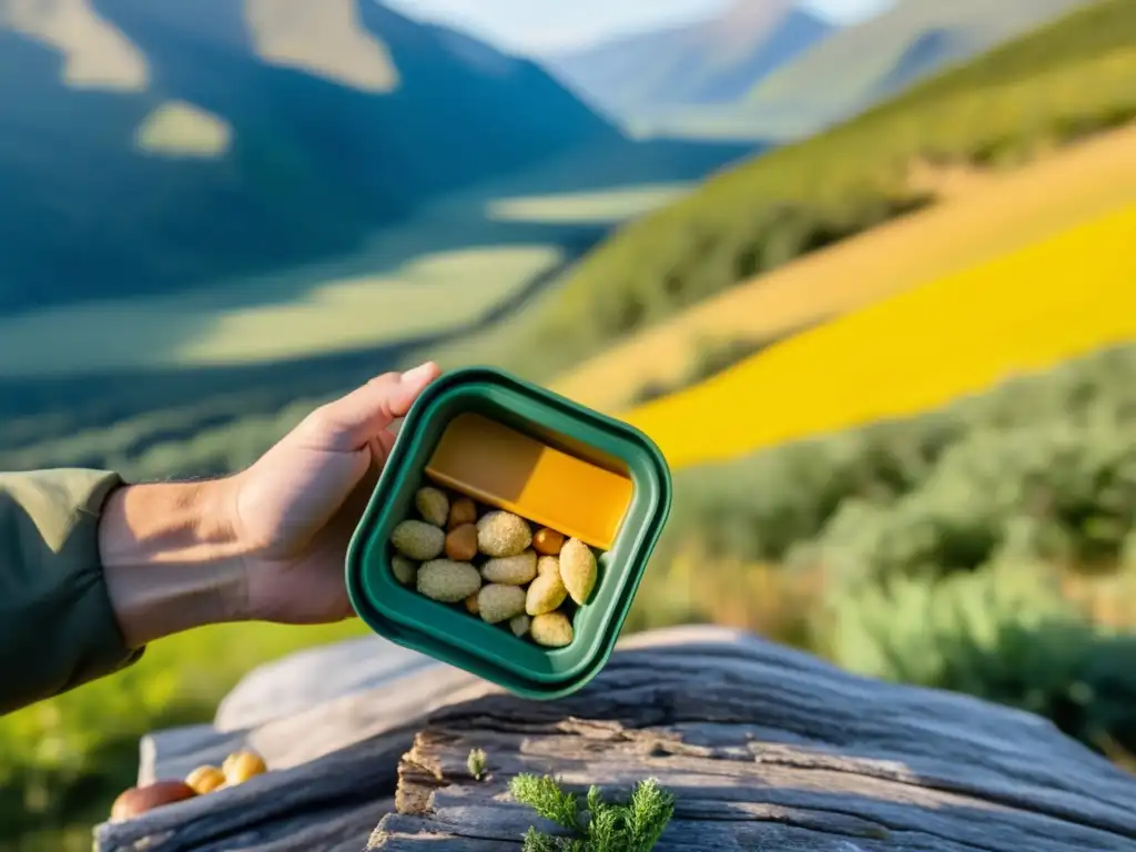 Un senderista desempacando un snack para expediciones responsables en un paisaje natural exuberante y virgen, evocando tranquilidad