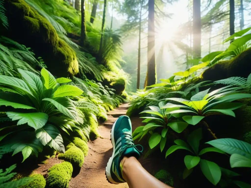 Un sendero boscoso con un excursionista usando zapatillas ecológicas para excursiones sostenibles