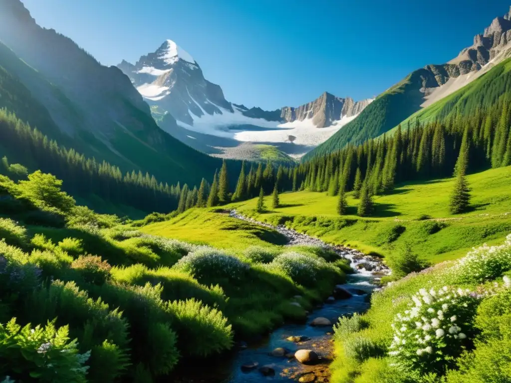 Sendero alpino: belleza natural y armonía humana Un sendero estrecho serpentea a través de un valle alpino exuberante, flanqueado por picos nevados
