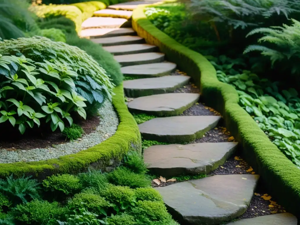 Un sendero de piedra serpentea entre exuberante vegetación, creando un equilibrio ecológico en jardines