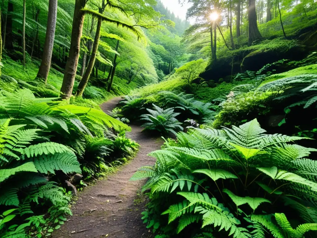 Un sendero forestal serpenteante con luz solar filtrada y exuberante vegetación