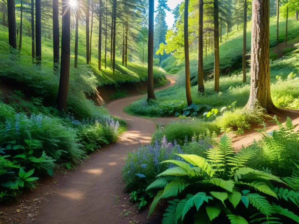 Un sendero natural integrado serpentea entre un exuberante bosque, filtrando la luz del sol