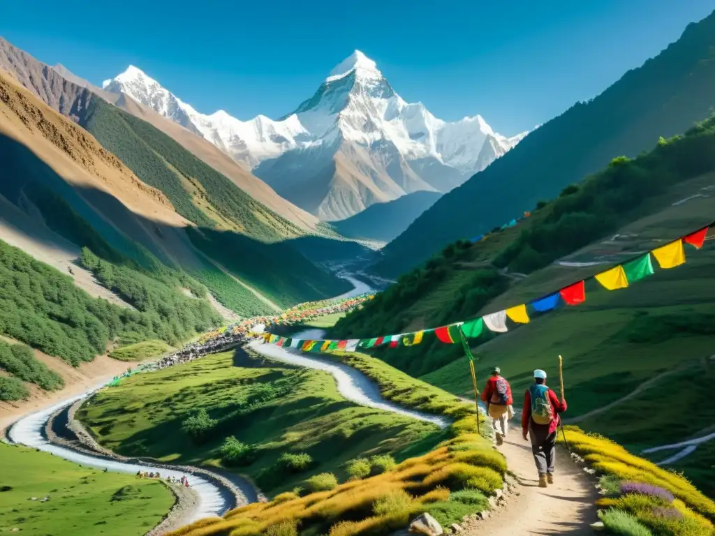 Sendero de montaña en el Himalaya con peregrinos, oración y naturaleza exuberante