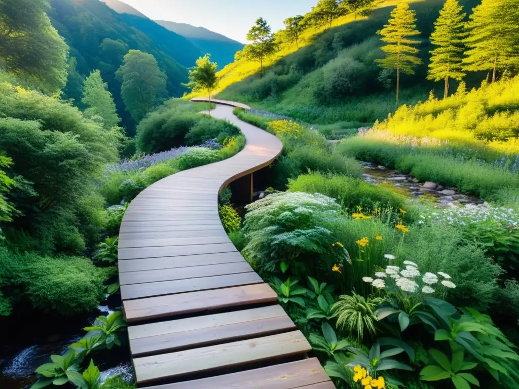 Un sendero serpenteante a través de un exuberante bosque, con luz solar filtrándose a través del dosel y creando sombras moteadas en el suelo