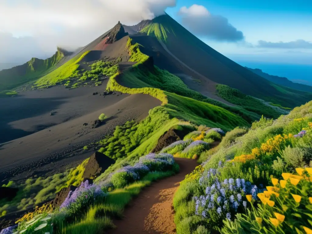 Un sendero serpenteante en un volcán, rodeado de exuberante vegetación y flores silvestres