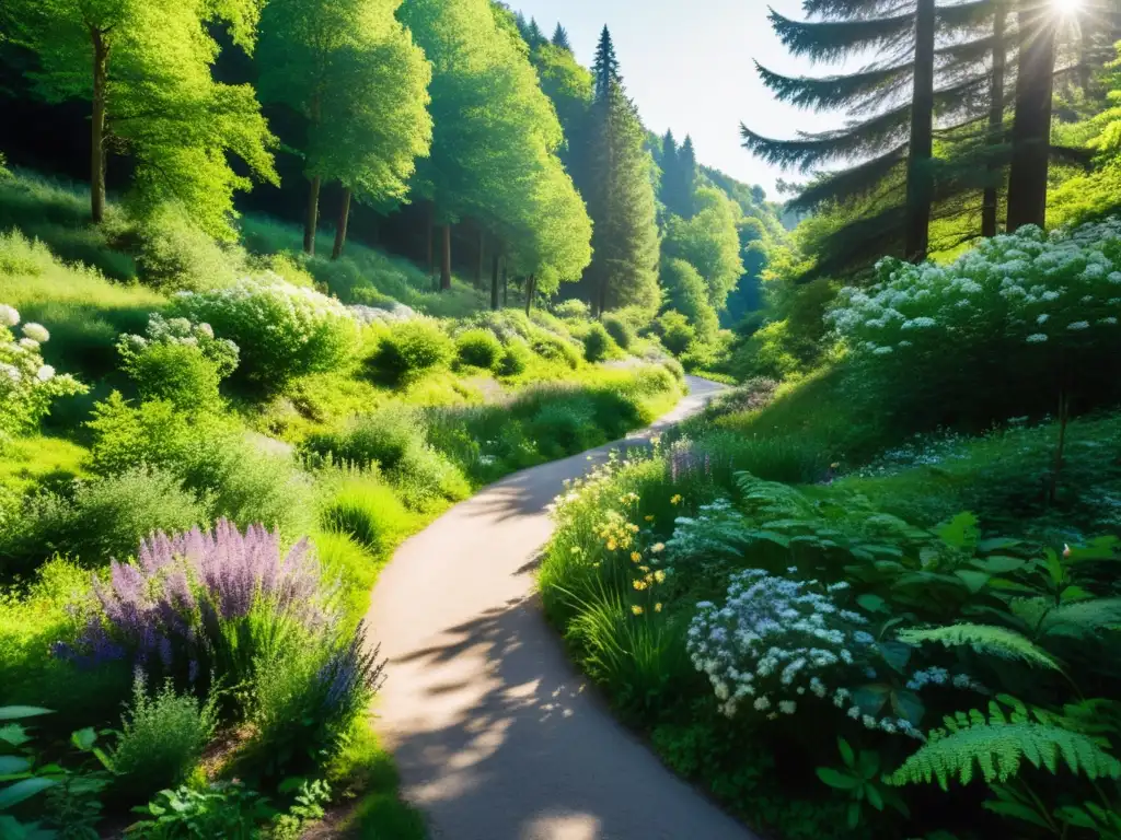 Senderos ecológicos impresionantes en Europa: un sendero serpenteante entre exuberante vegetación, flores nativas y un arroyo tranquilo