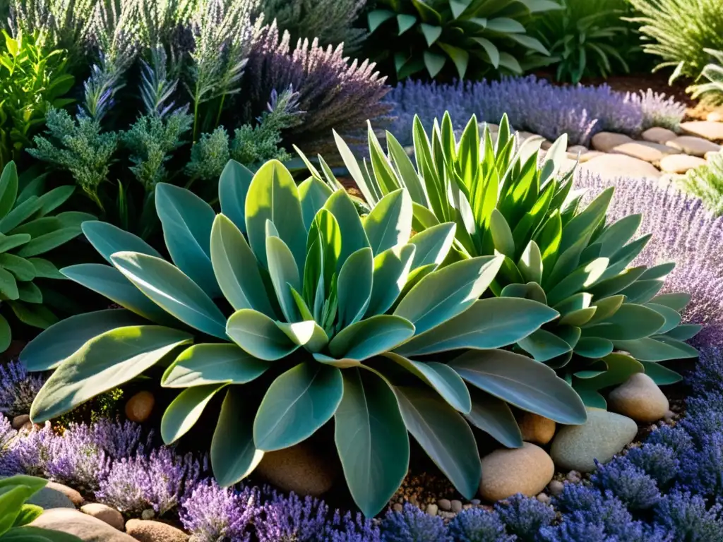 Un jardín sensorial con plantas texturizadas, rocas y fragantes hierbas, creando un ambiente estimulante para los sentidos