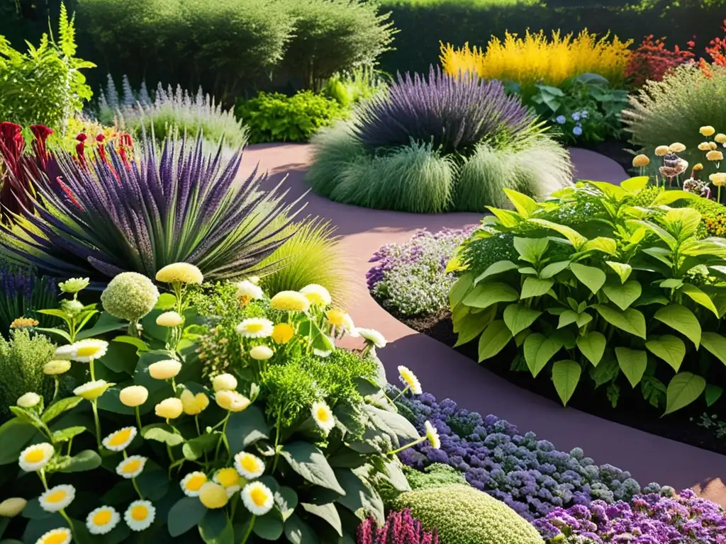 Un jardín sensorial vibrante y multitéxtural estimula los sentidos con plantas, flores y hierbas