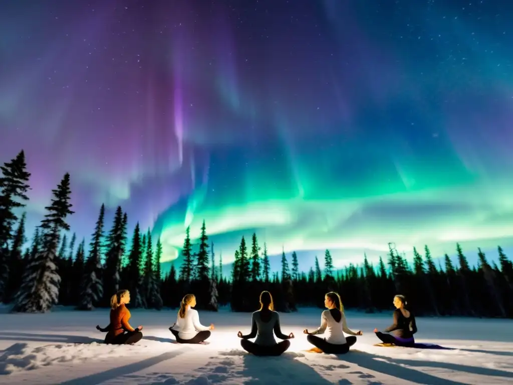 'Práctica de yoga en el sereno bosque boreal, bajo la danza de auroras boreales