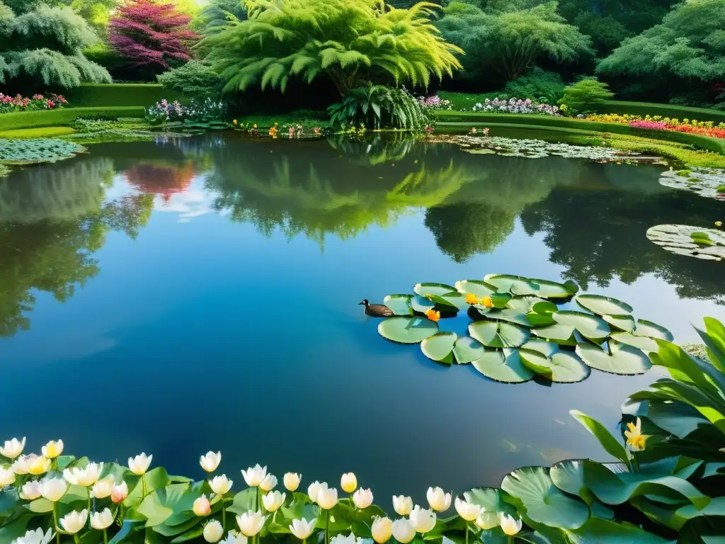 Un jardín con un sereno ecosistema acuático, lleno de vida y armonía natural