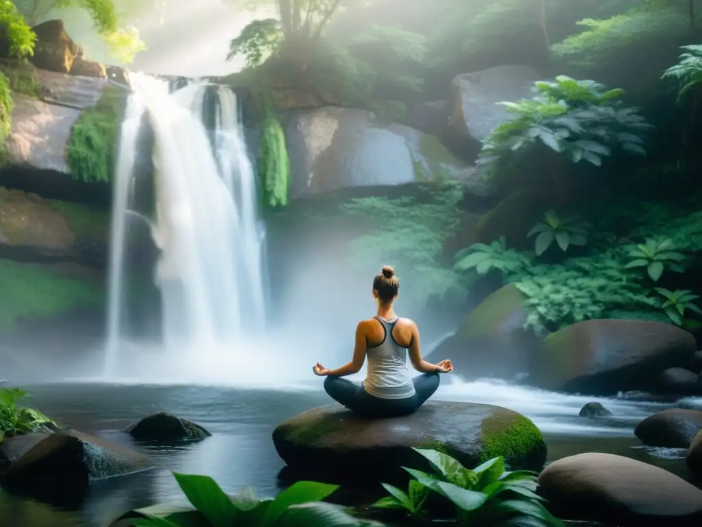 Un sereno paisaje de cascada con practicante de yoga en meditación, reflejando revitalización espiritual a través del yoga