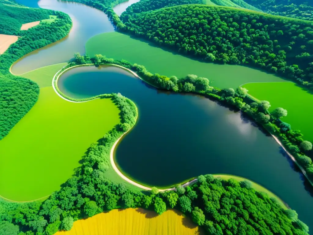 Un serpenteante río en un valle exuberante, reflejando la belleza natural de las comunidades y tierras aledañas