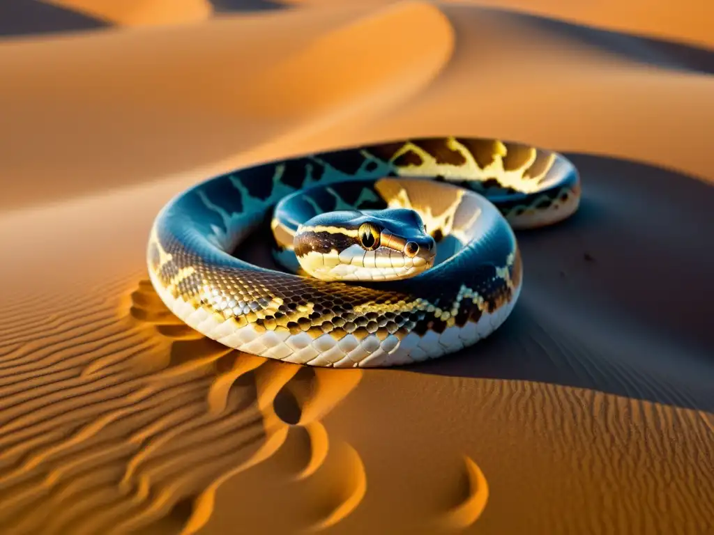 Una serpiente de arena del Sahara se camufla entre las dunas doradas, mostrando la biodiversidad del Sahara: Exploración profunda