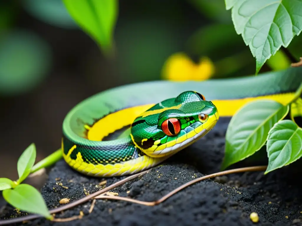 Una serpiente verde vibrante se desliza entre la exuberante vegetación, mostrando un impresionante camuflaje en su piel