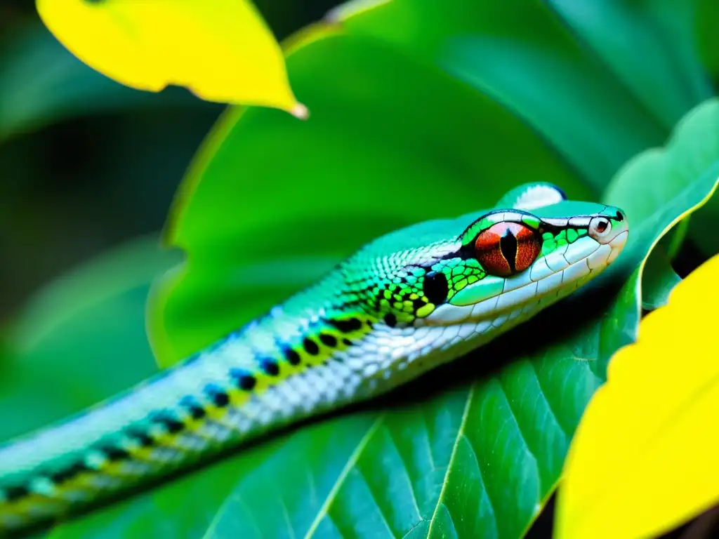 Una serpiente de vid vibrante se camufla entre las hojas en la selva, mostrando mecanismos de defensa de la flora y fauna selvática