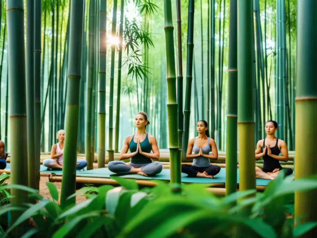 Una sesión de yoga serena en un exuberante bosque de bambú, con practicantes en poses de yoga