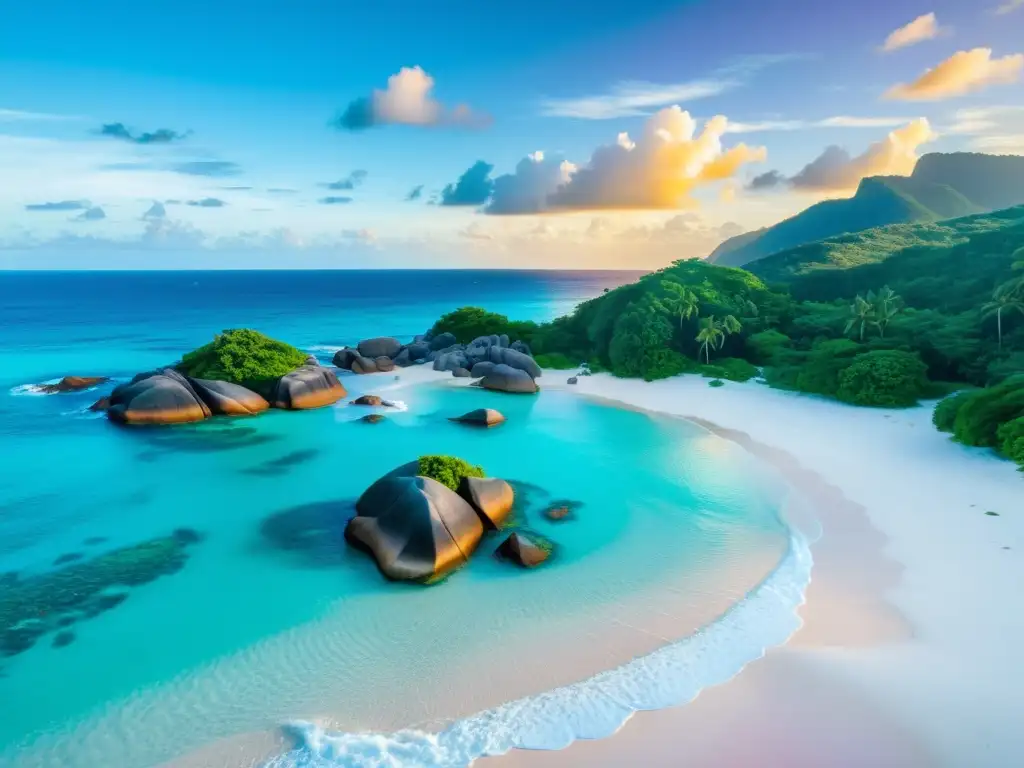 Exploración ecológica en las Seychelles: Playa de arena blanca, aguas cristalinas y atardecer vibrante