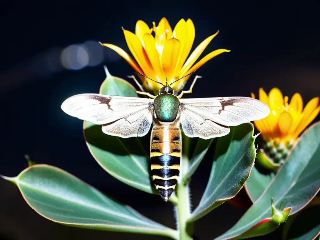 Hawk Moth en acción: polinización nocturna Un silente polinizador nocturno extrae néctar de una flor desértica bajo la luz de la luna