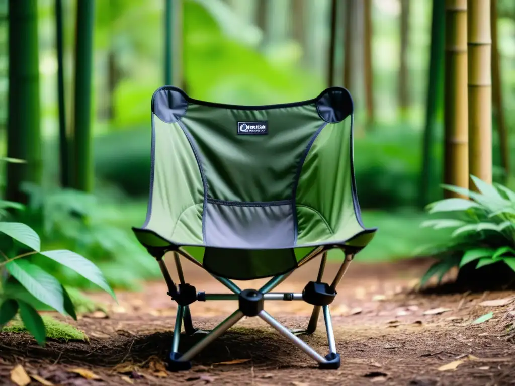 Una silla de campamento ecológica duradera, hecha de materiales sostenibles como bambú o plástico reciclado, en un entorno natural exuberante