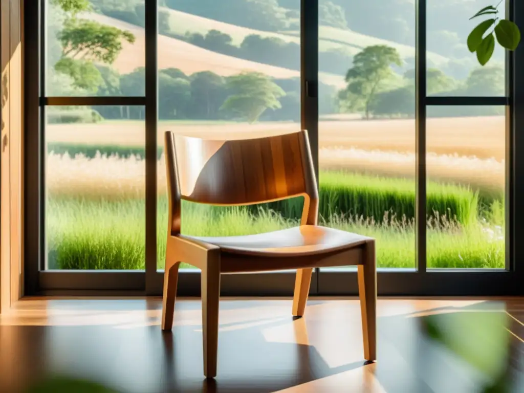 Una silla de madera sustentable en un ambiente luminoso y natural, reflejando armonía y conciencia ambiental