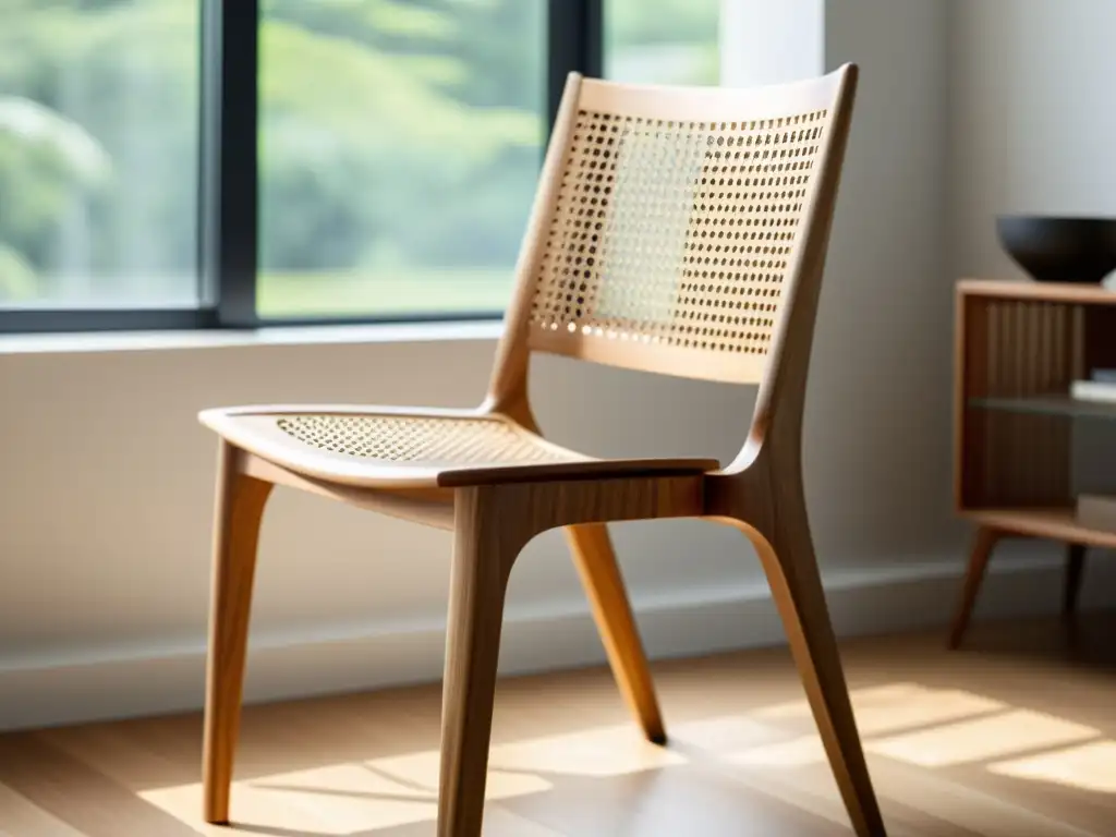 Una silla de madera sustentable con diseño minimalista, iluminada por luz natural en un ambiente luminoso