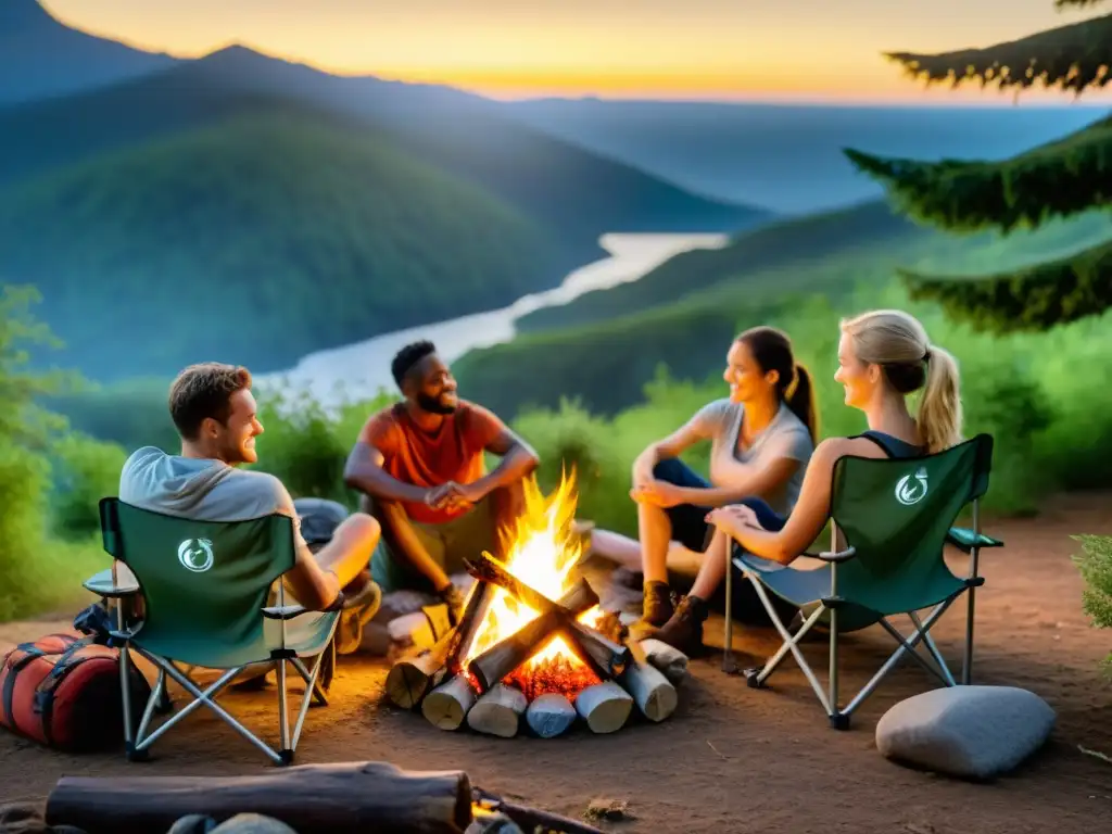 Sillas de campamento ecológicas duraderas en un entorno natural con hikers alrededor de una fogata al anochecer