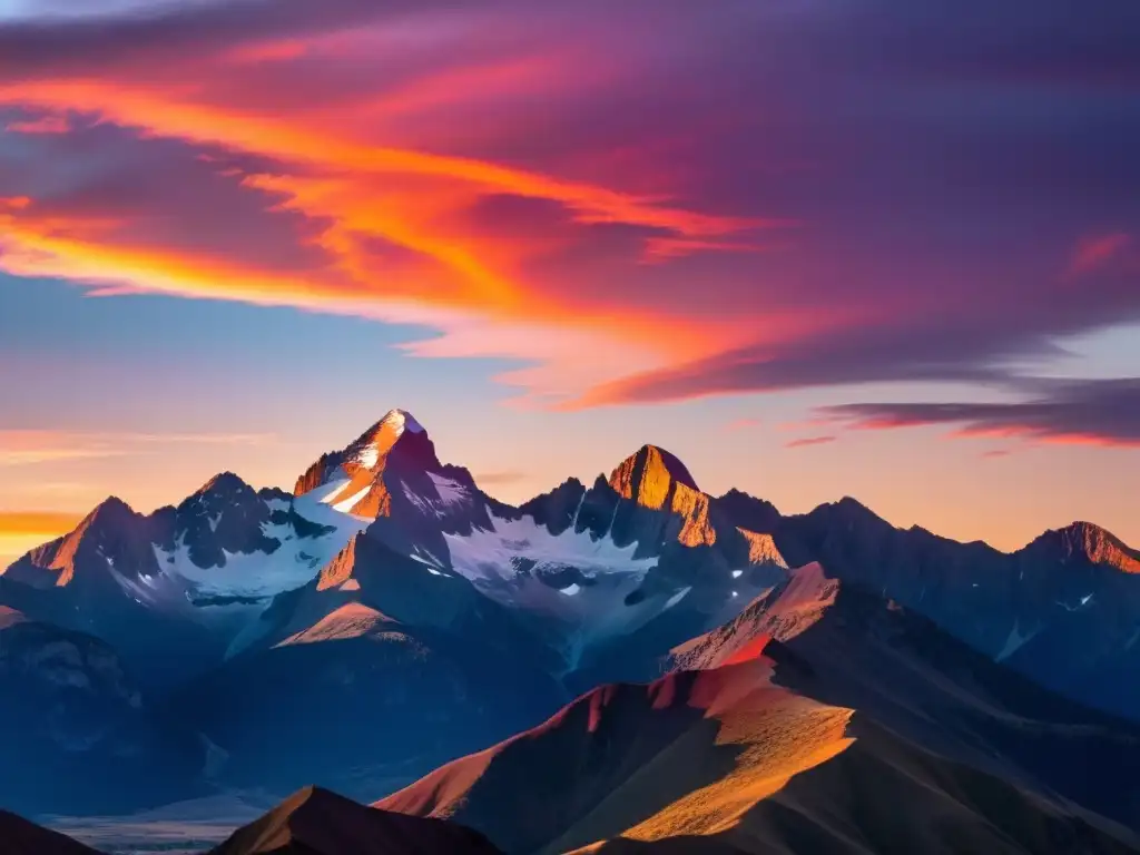 Siluetas de montañas con colores cálidos al atardecer, reflejando la belleza cruda de los ecosistemas montañosos