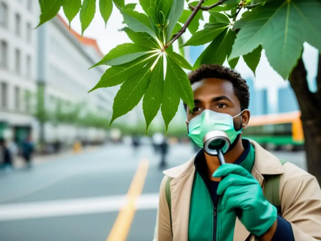 Silvicultor urbano inspeccionando detalladamente las hojas de un árbol joven en la bulliciosa ciudad