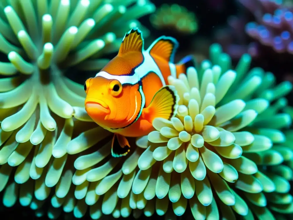 Simbiosis en ecosistemas marinos: Un vibrante arrecife de coral rebosante de vida, con una relación mutualista entre un pez payaso y una anémona de mar, ilustrando la armonía de la vida submarina