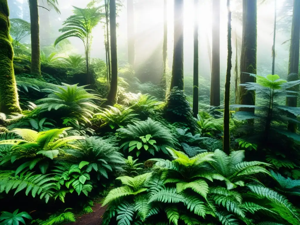 Simulaciones de ecosistemas forestales tecnología: Vista aérea de exuberante y diverso bosque, con rayos de sol entre las hojas