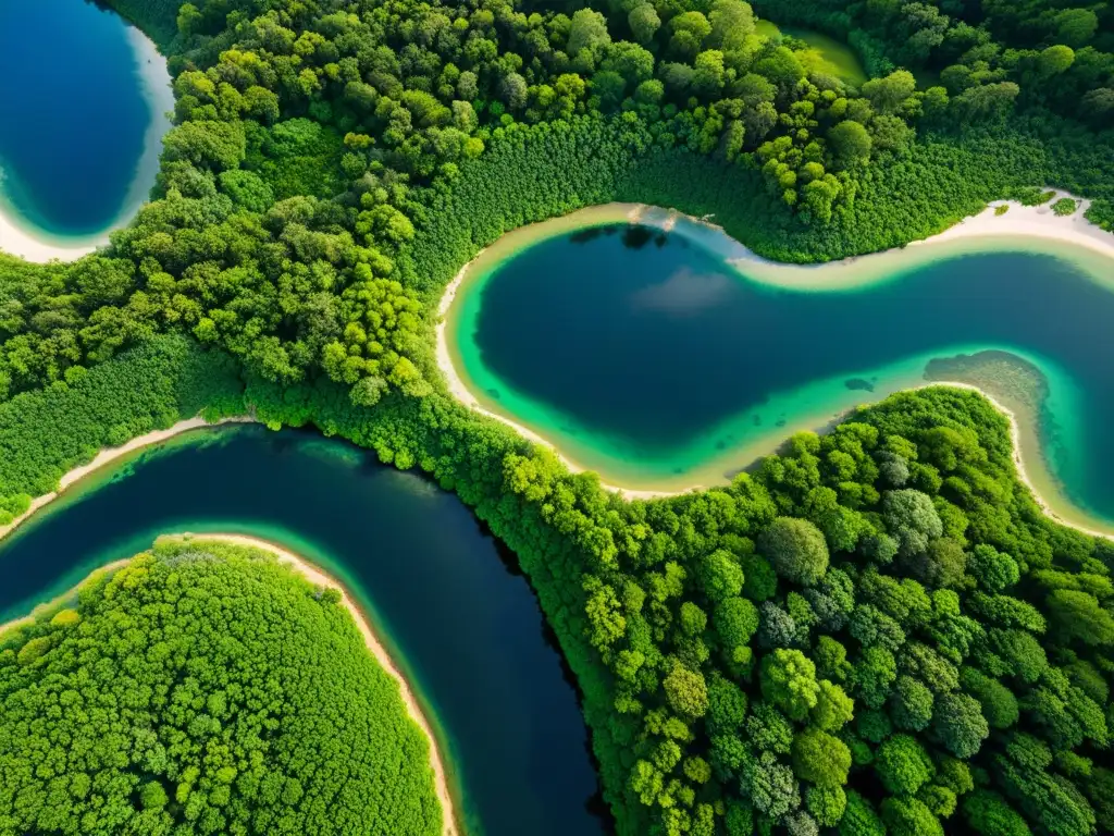 Simulaciones ecosistemas tiempo real: Fotografía aérea de un ecosistema diverso y exuberante, con patrones intrincados de vegetación, cursos de agua y vida silvestre