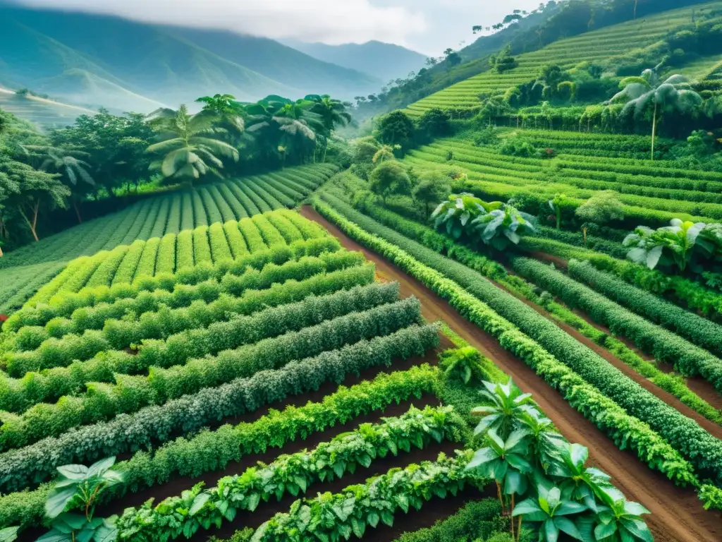 Un sistema agroforestal diverso y exuberante con plantas de café prósperas y árboles que brindan sombra