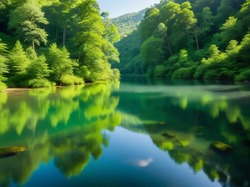 Sistema de purificación de agua ecoamigable: un bosque exuberante se refleja en un río cristalino, con luz filtrándose a través de la densa vegetación