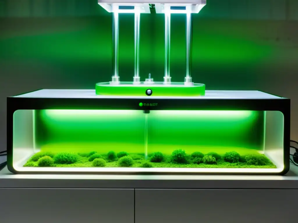 Un sistema de bioreactor sofisticado con algas verdes vibrantes, iluminadas por una luz suave