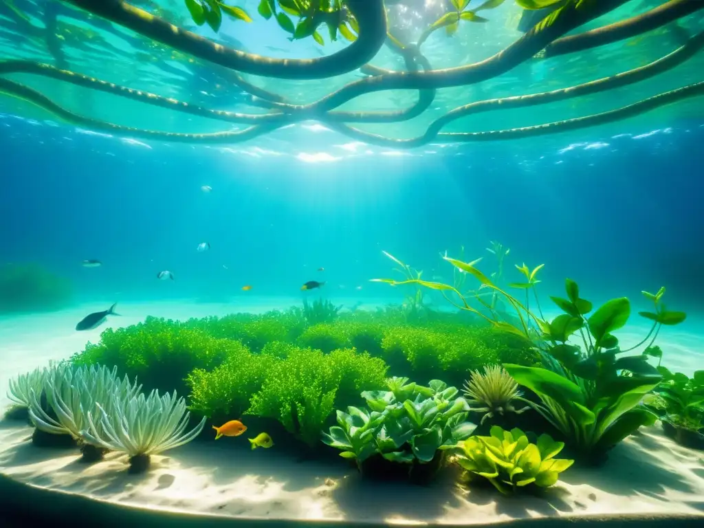 Acuaponía submarina: armonía natural y tecnológica Un sistema de acuaponía en ecosistemas acuáticos: plantas verdes vibrantes, peces coloridos entre las raíces y agua azul cristalina