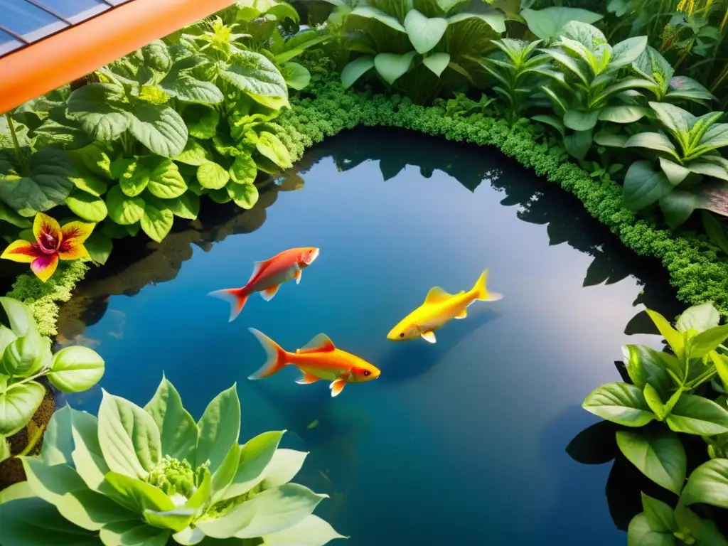 Sistema de acuaponía y permacultura, sostenibilidad ecológica con plantas y peces vibrantes bajo la luz del sol