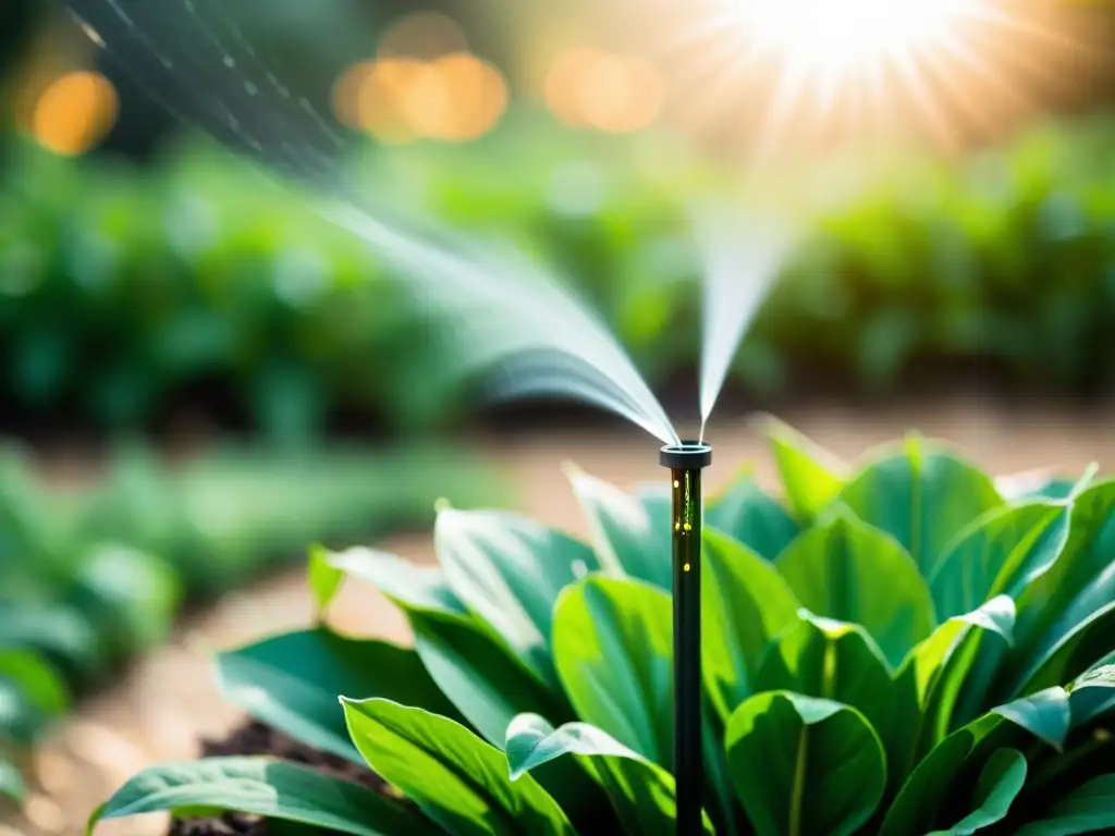 Un sistema de riego por goteo ecológico en un jardín exuberante