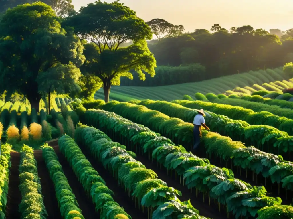 Sistemas agroforestales para agricultura sostenible: Imagen impresionante de un sistema agroforestal exuberante bañado por la cálida luz dorada, donde un granjero cuida las cosechas con esmero, y un bosque denso testimonia la coexistencia sostenible entre agricultura y