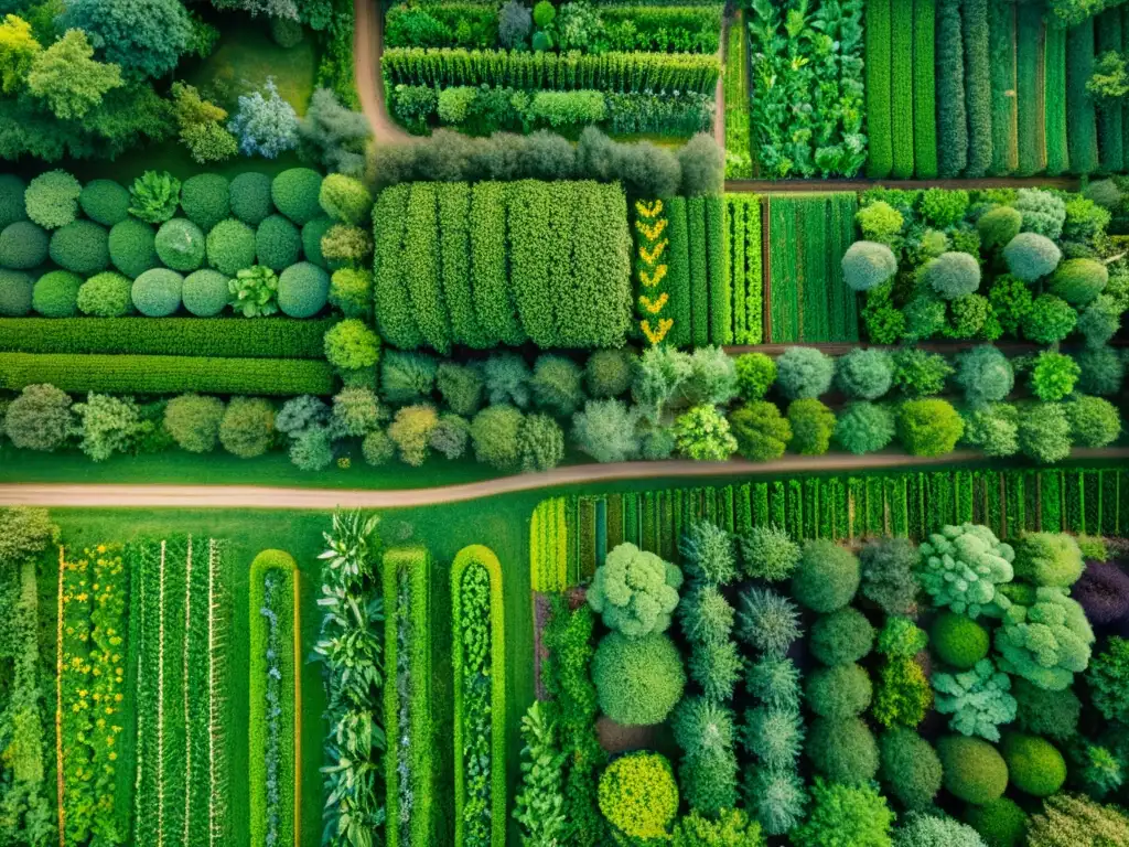 Sistemas agroforestales en restauración ecológica: una exuberante y detallada fotografía de un paisaje diverso con plantas comestibles y árboles nativos