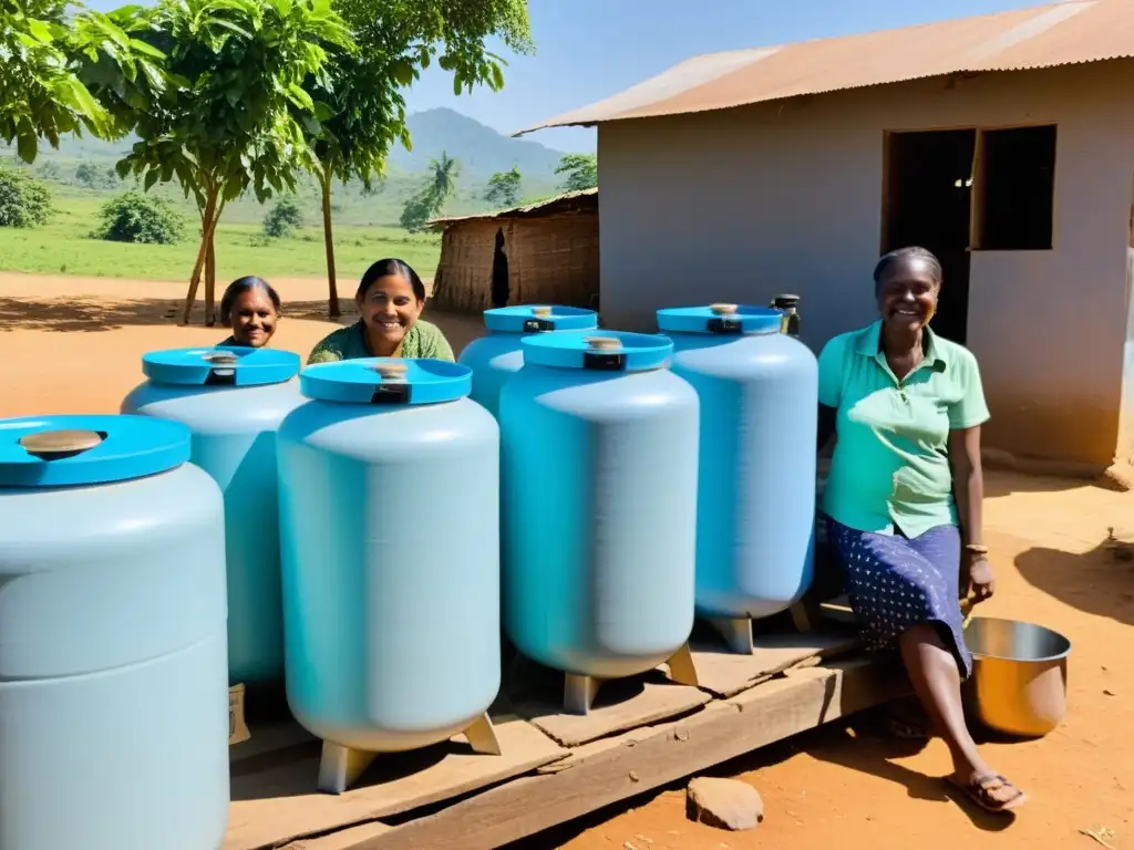 Sistemas de purificación de agua ecoamigables en comunidad rural, con residentes sonrientes obteniendo agua purificada bajo el cálido sol y la naturaleza exuberante de fondo