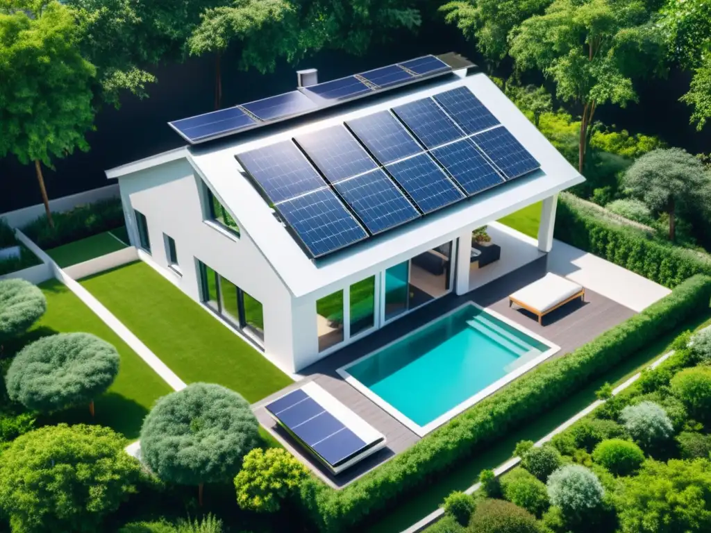 Sistemas inteligentes de gestión de energía en casa: hogar moderno con paneles solares rodeado de vegetación exuberante