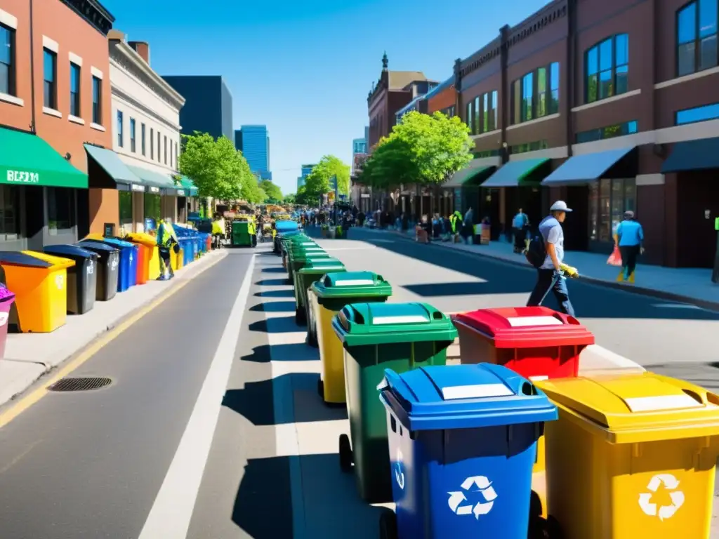 Sistemas de reciclaje avanzados en ciudades: comunidad activa en evento de limpieza, clasificación de residuos y contenedores coloridos al sol